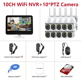 12.5 Inch Monitor 10CH NVR Kit Wireless PTZ Security 8MP 10X Zoom Camera System 2-Way Audio Home Wifi CCTV Surveillance Cameras