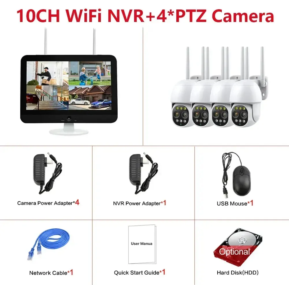 12.5 Inch Monitor 10CH NVR Kit Wireless PTZ Security 8MP 10X Zoom Camera System 2-Way Audio Home Wifi CCTV Surveillance Cameras