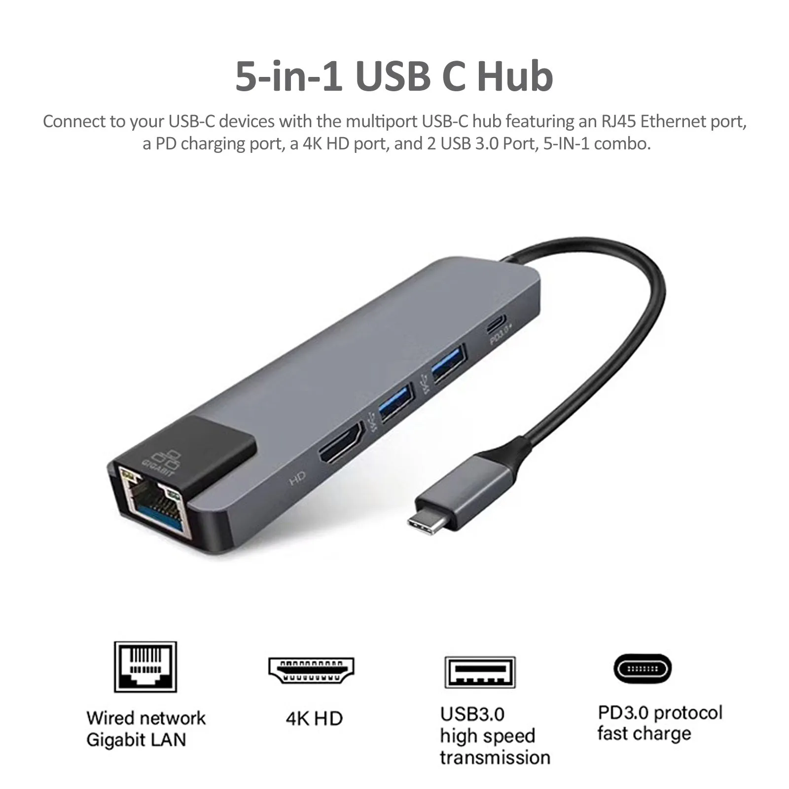 5-IN-1 USB C Hub Type-C Docking Station