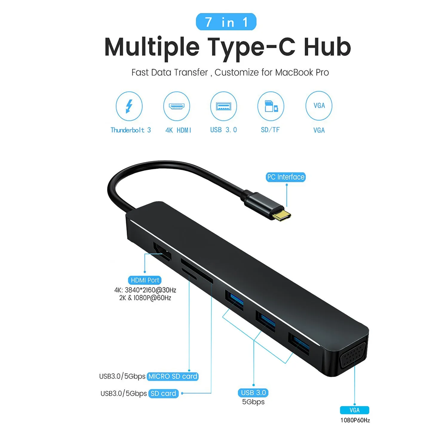 7-in-1 docking station Type-c to VGA Hdmi USB3.0 for notebook hub