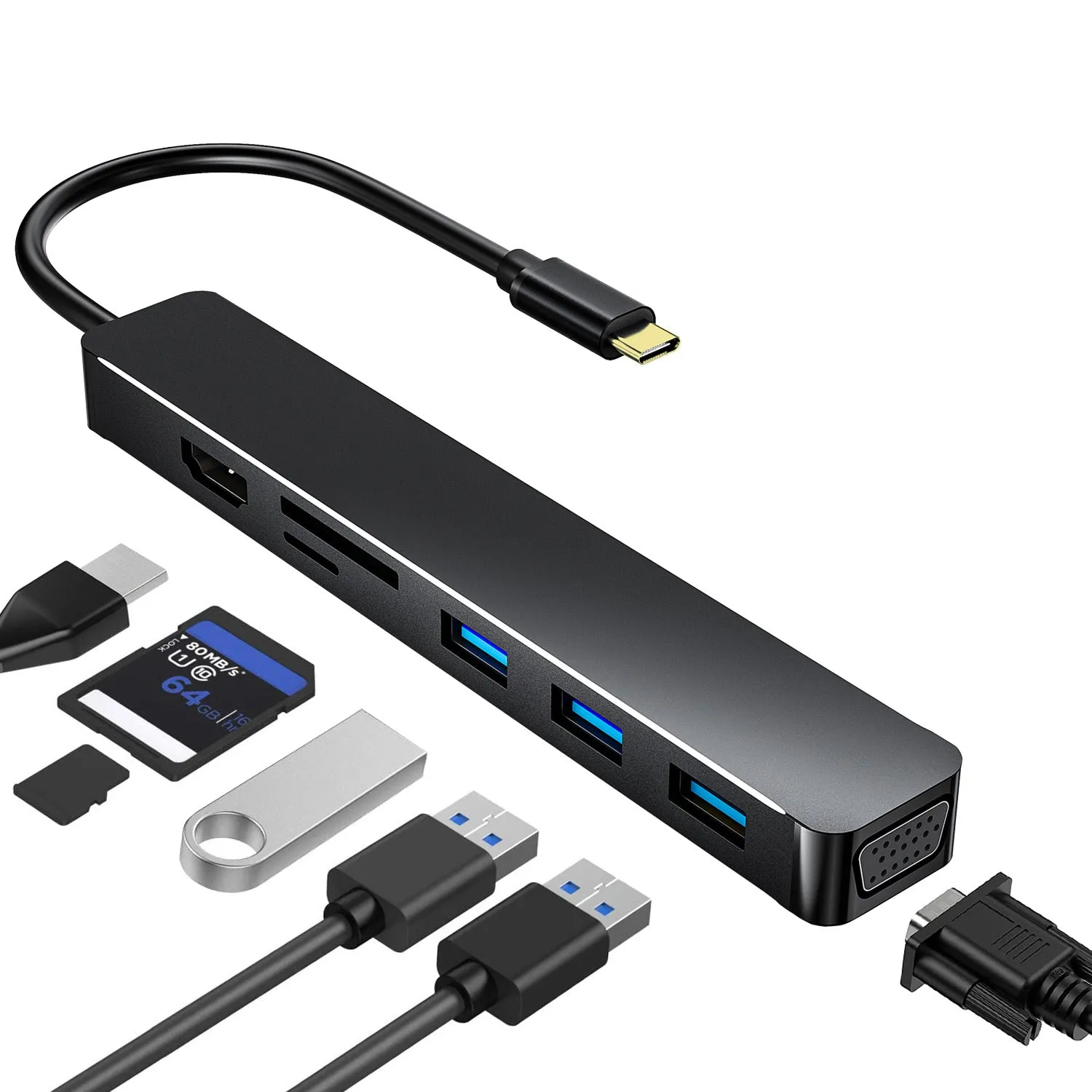 7-in-1 docking station Type-c to VGA Hdmi USB3.0 for notebook hub