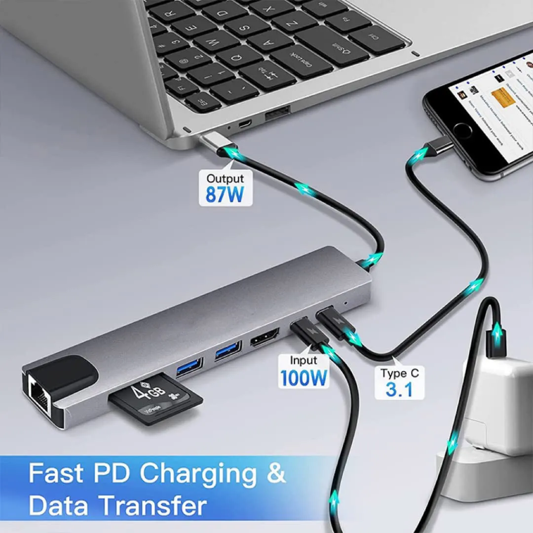 8in1 USB-C Hub 4K HDMI PD USB 3.0 RJ45 SD/TF Card Reader