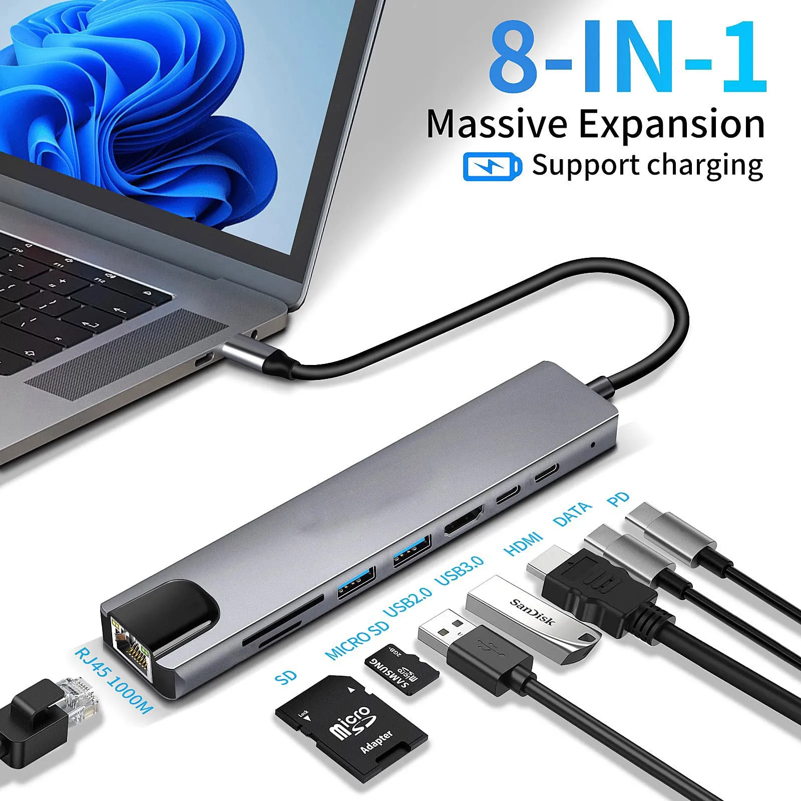 8in1 USB-C Hub 4K HDMI PD USB 3.0 RJ45 SD/TF Card Reader