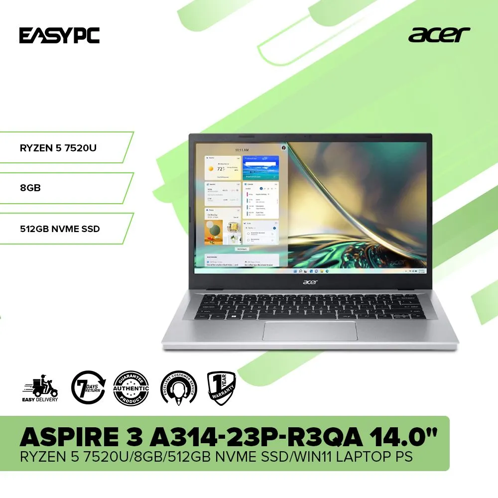 Acer Aspire 3 A314-23P-R3QA 14.0 Ryzen 5 7520U/8GB/512GB NVMe SSD/Win11 Laptop PS