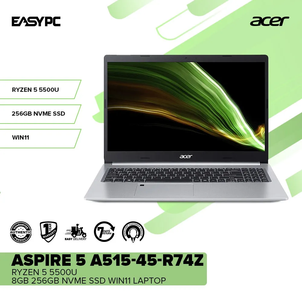 Acer Aspire 5 A515-45-R74Z Ryzen 5 5500U 8GB 256GB NVMe SSD  Win11 Laptop PS