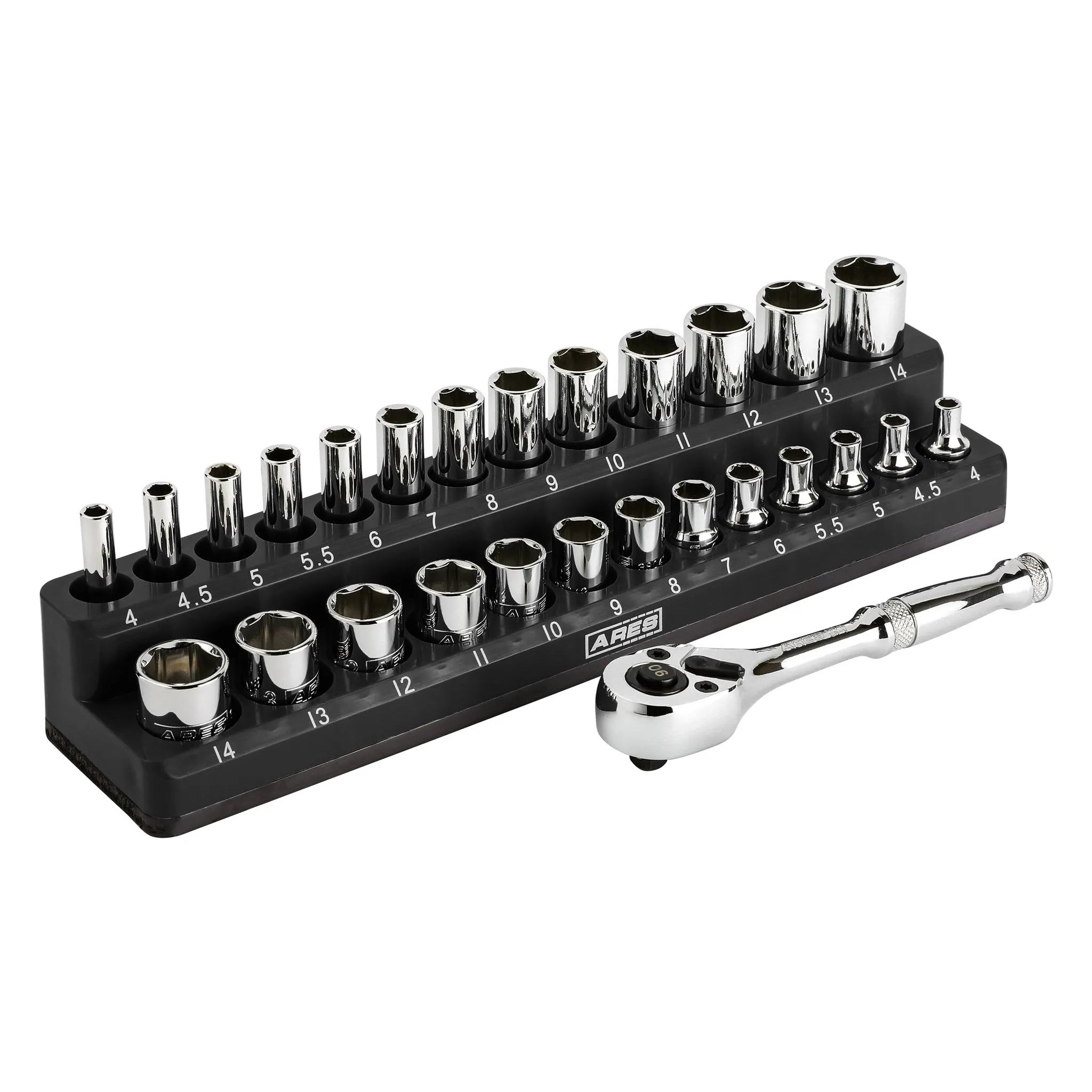 ARES 47003 - 28-Piece 1/4-inch Drive Metric Socket and 90-Tooth Ratchet Set with Magnetic Organizer