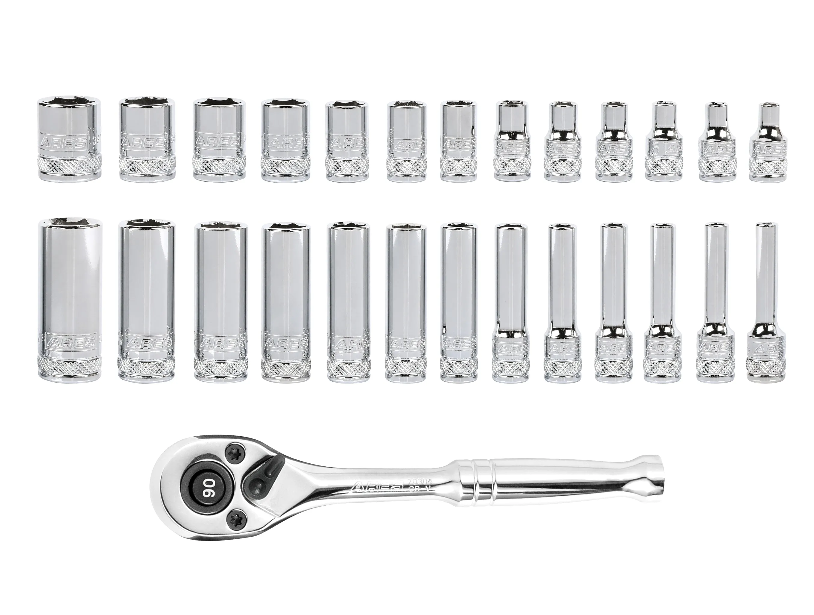 ARES 47003 - 28-Piece 1/4-inch Drive Metric Socket and 90-Tooth Ratchet Set with Magnetic Organizer