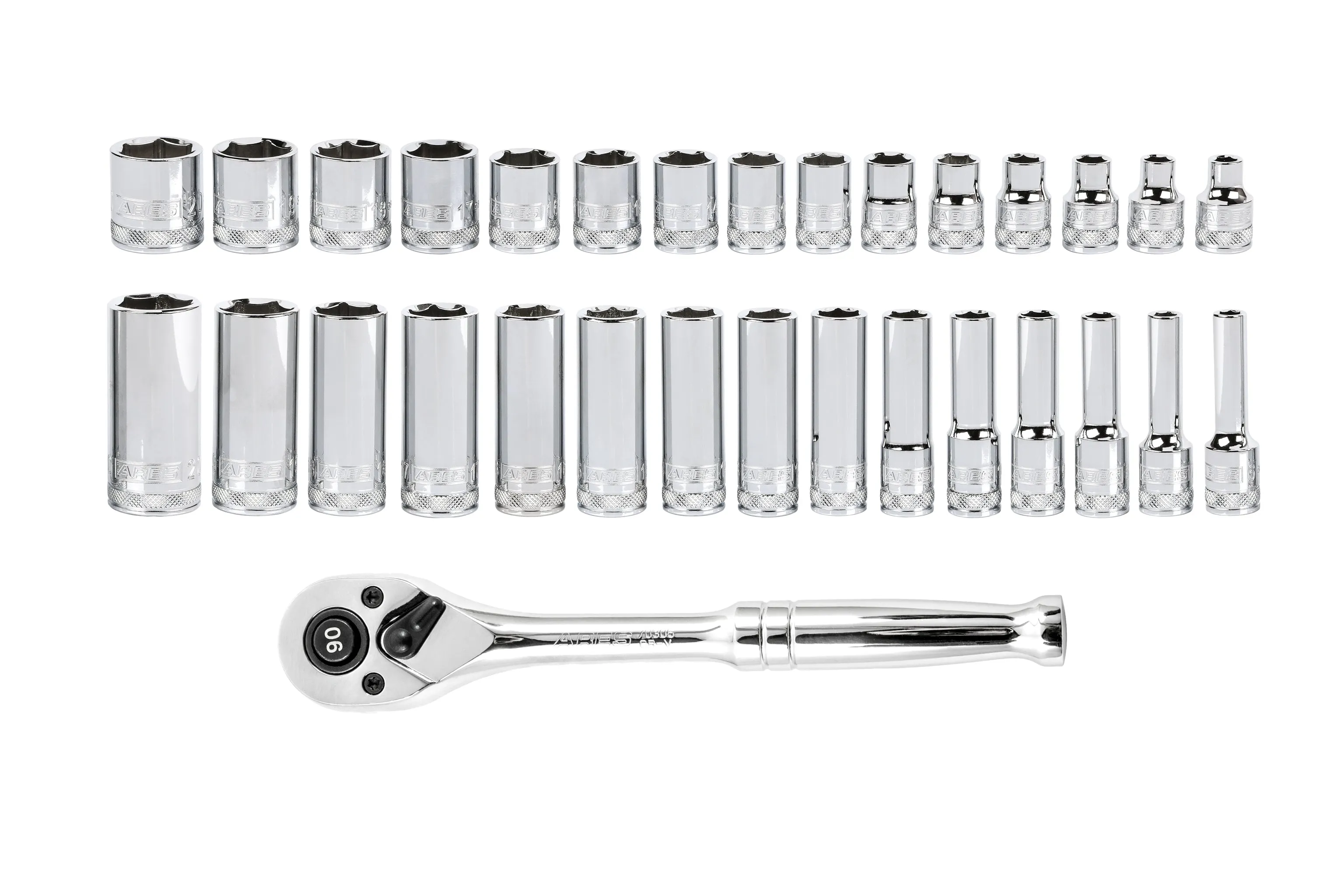 ARES 47004 - 32-Piece 3/8-inch Drive Metric Socket and 90-Tooth Ratchet Set with Magnetic Organizer