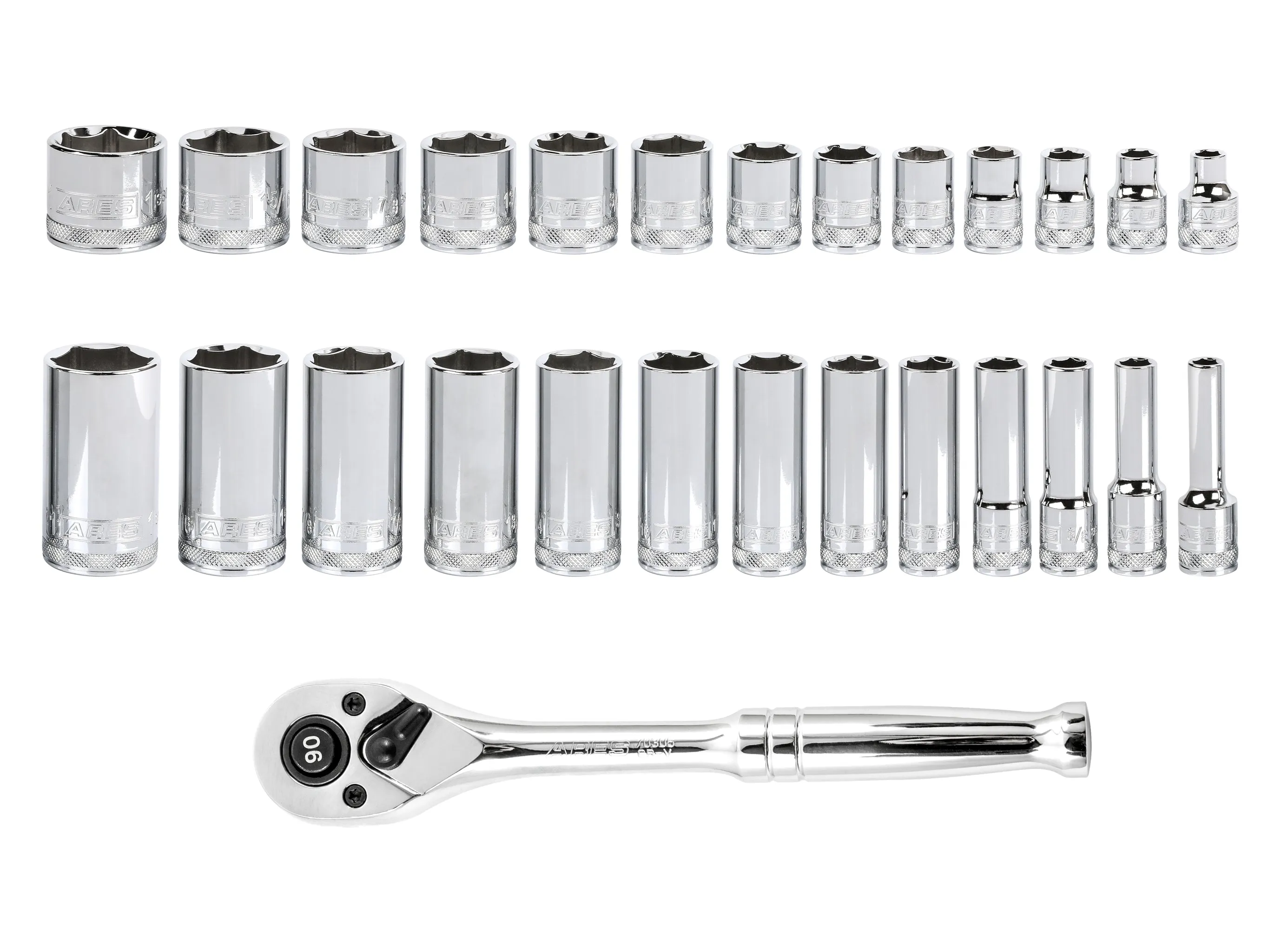 ARES 47007 - 28-Piece 3/8-inch Drive SAE Socket and 90-Tooth Ratchet Set with Magnetic Organizer