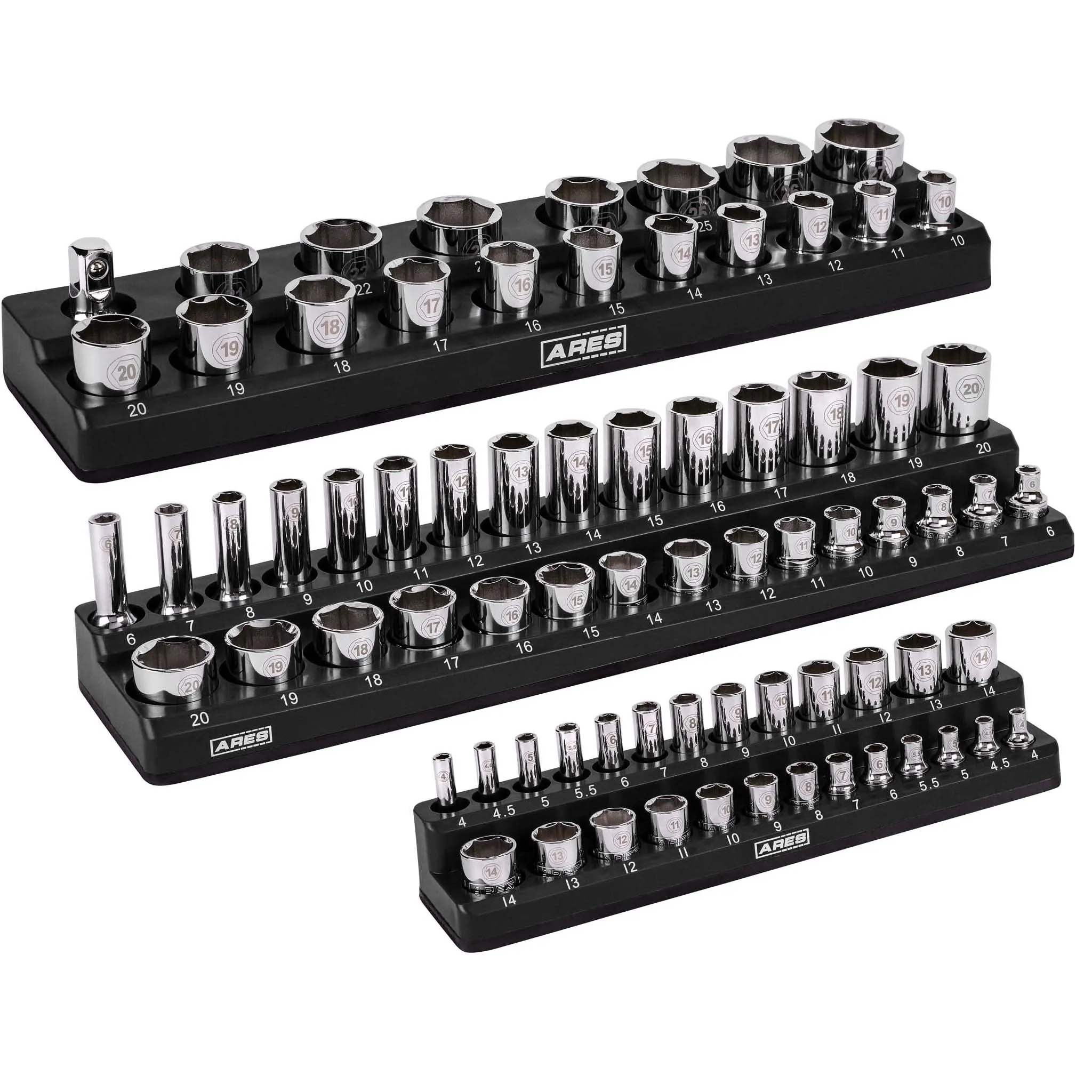 ARES 60034 - 3-Pack Black Metric Magnetic Socket Organizer Set