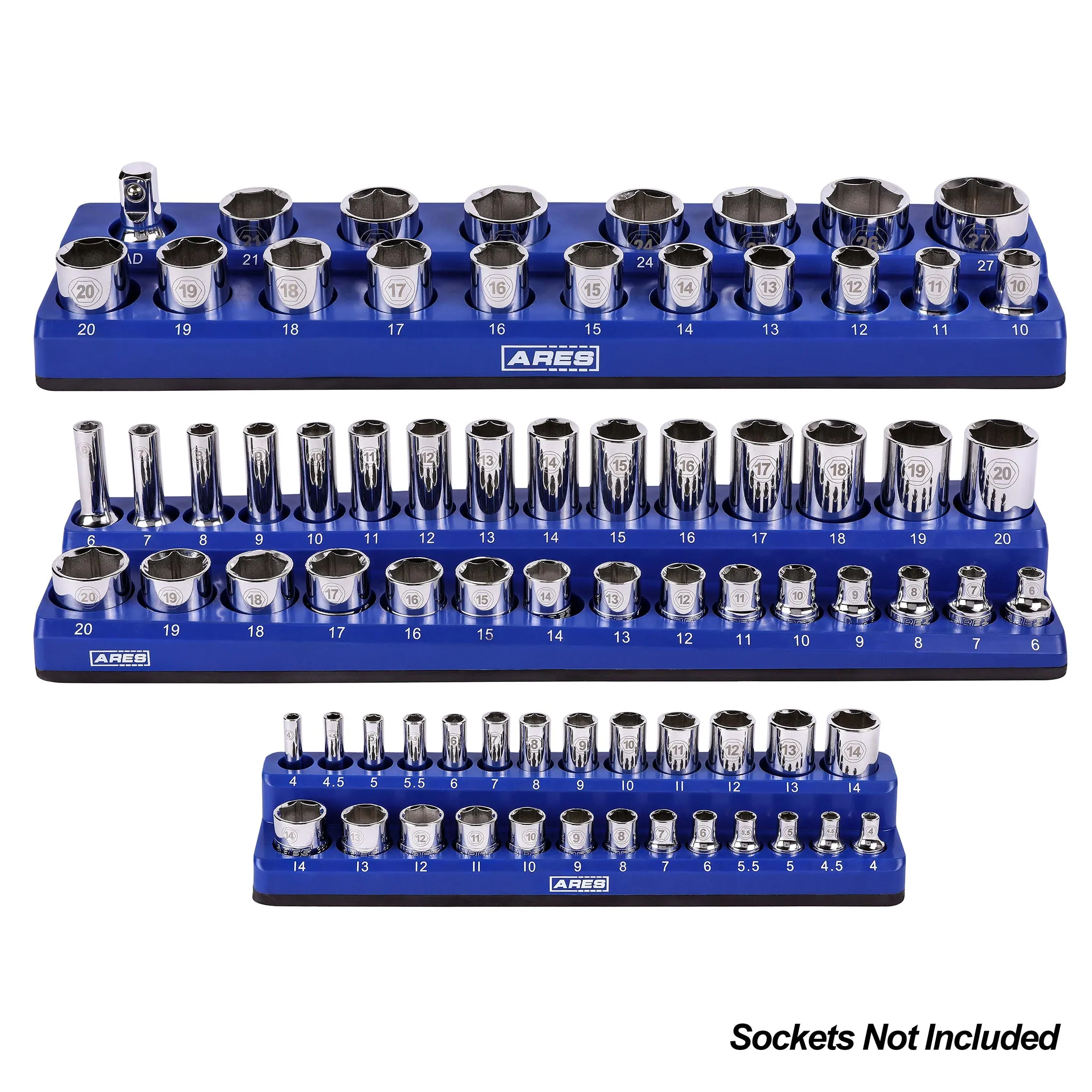 ARES 60036 - 3-Pack Blue Metric Magnetic Socket Organizer Set