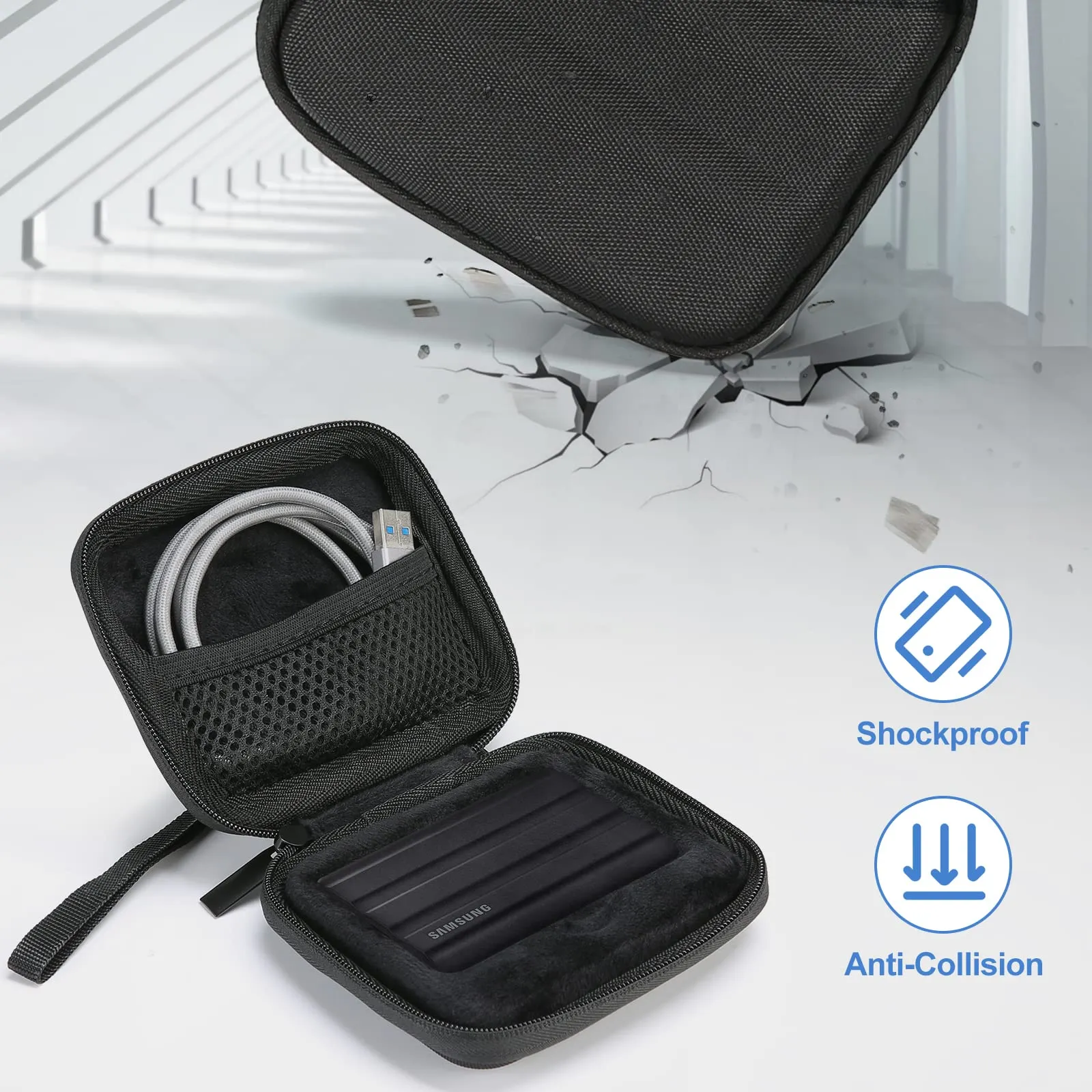 (CASE ONLY) Carrying Case for Samsung T7 / T7 Touch Portable SSD with 2 Cable Ties | ProCase