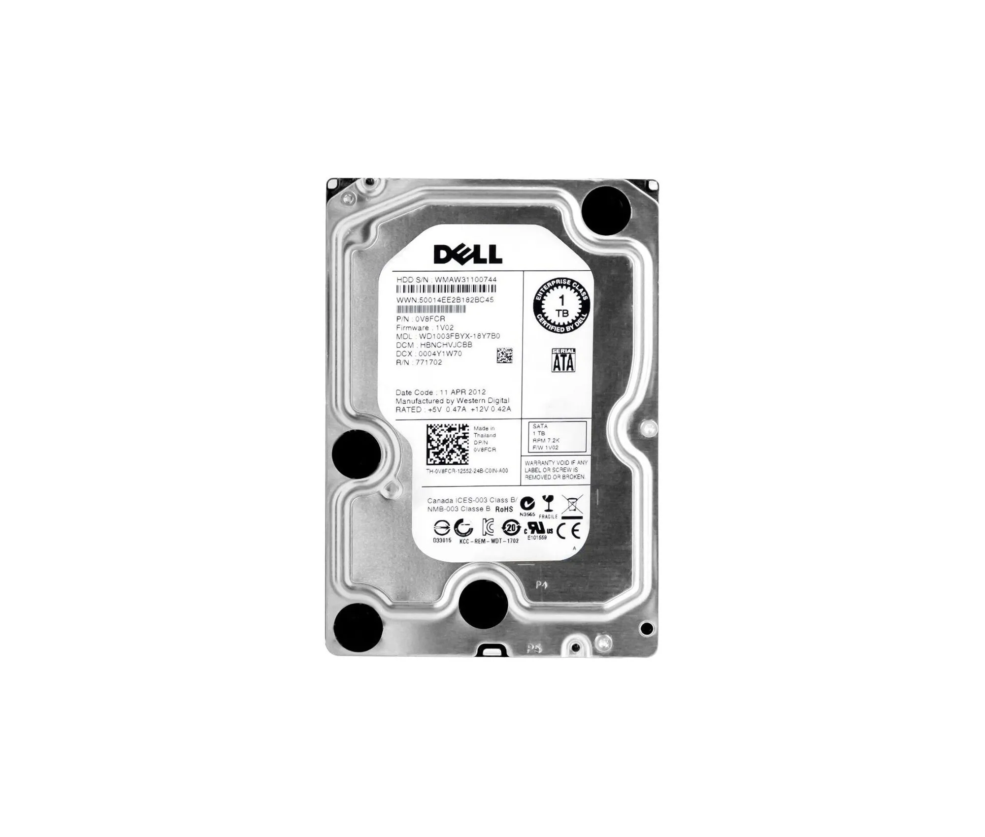 Dell, 0V8FCR, 1TB, 7200RPM, 3.5", Hard Drive, Refurbished