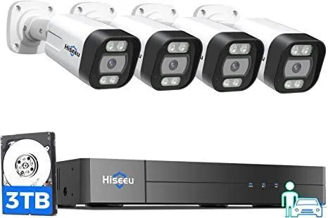 Hiseeu 4K PoE Security Camera System,Vehicle/Human Detect, 8MP NVR  5MP IP Security Camera Outdoor, IP 67Waterproof, Free Motion Alerts, 24/7 Home Surveillance NVR Kit with 3TB