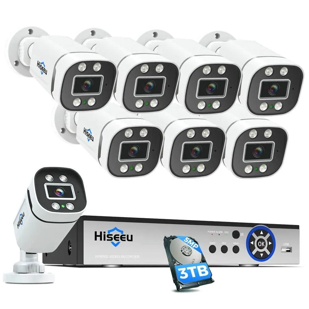 Hiseeu [Person/Vehicle Detection] 5MP Security Camera System 8ch Wired Home Security Camera with Indoor H. 265  DVR for Free Remote Mobile/PC 7/24 Recording