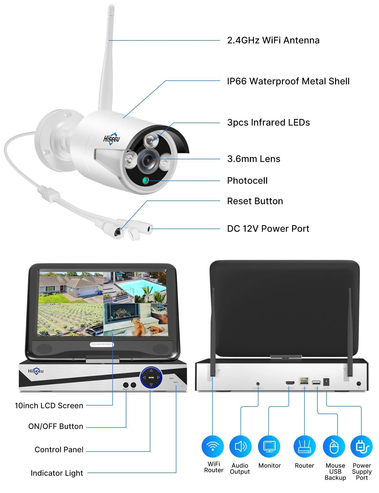 Hiseeu Wireless Security Camera System with 10.1" LCD 8MP Monitor, 4Pcs 5MP Outdoor Indoor Cameras with One-Way Audio, DC 12V Plug-in, Waterproof, Motion Detection, 1TB HDD