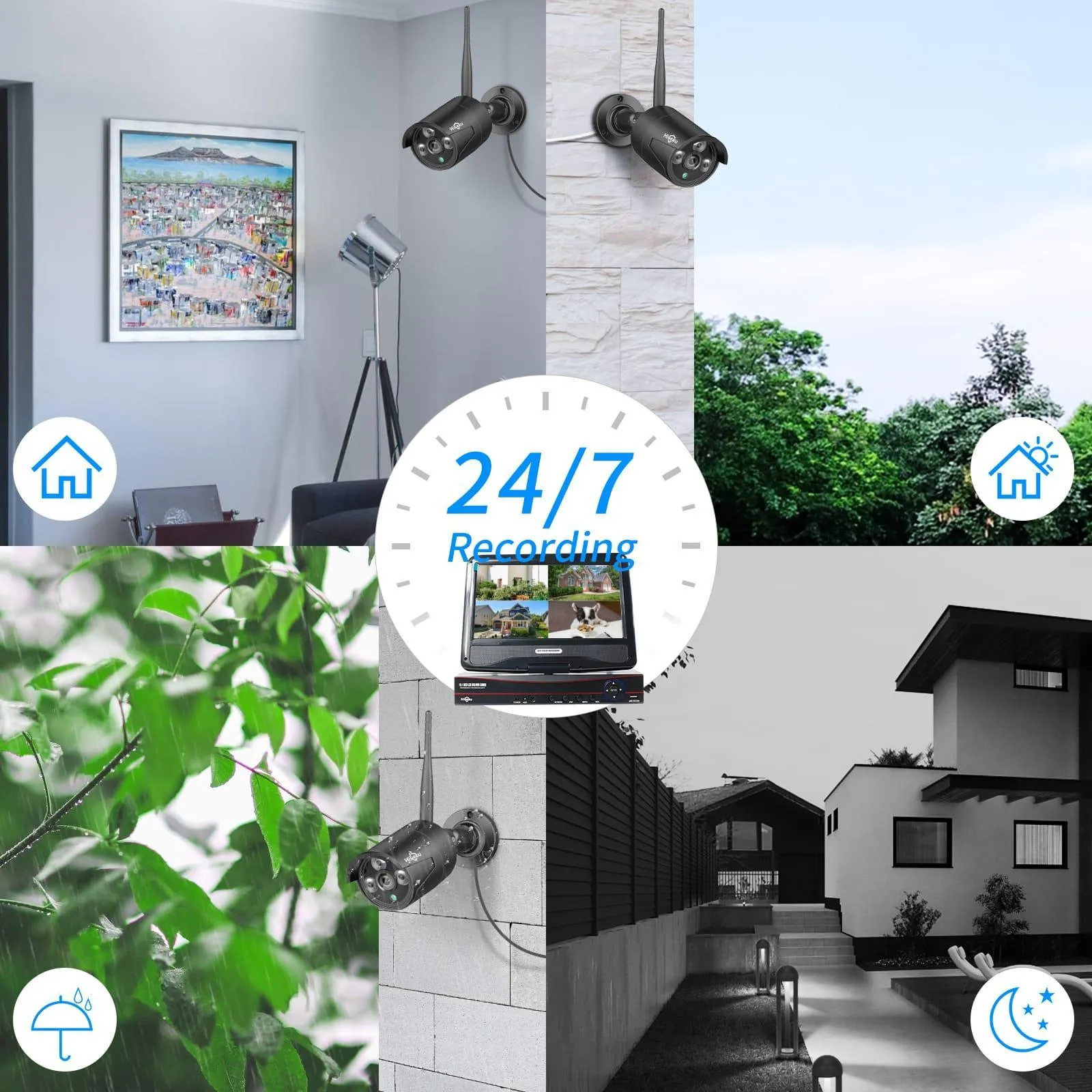 Hiseeu Wireless Security Camera System with 10.1" LCD 8MP Monitor, 4Pcs 5MP Outdoor Indoor Cameras with One-Way Audio, DC 12V Plug-in, Waterproof, Motion Detection, 1TB HDD