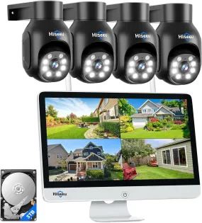 Hiseeu Wireless Security Camera System,All-in-One with 15" LCD Monitor 10CH NVR 4PCS 5MP PTZ Outdoor Camera,3TB HDD Storage, 2-Way Audio, Color Night Vision, Motion Alert,2.4Ghz WiFi