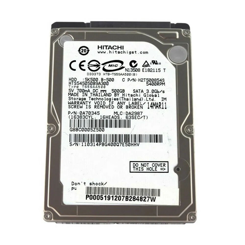 Hitachi (SATA) 2.5" Internal HD 500GB 5400rpm HDD 0A70345 HTS545050B9A300