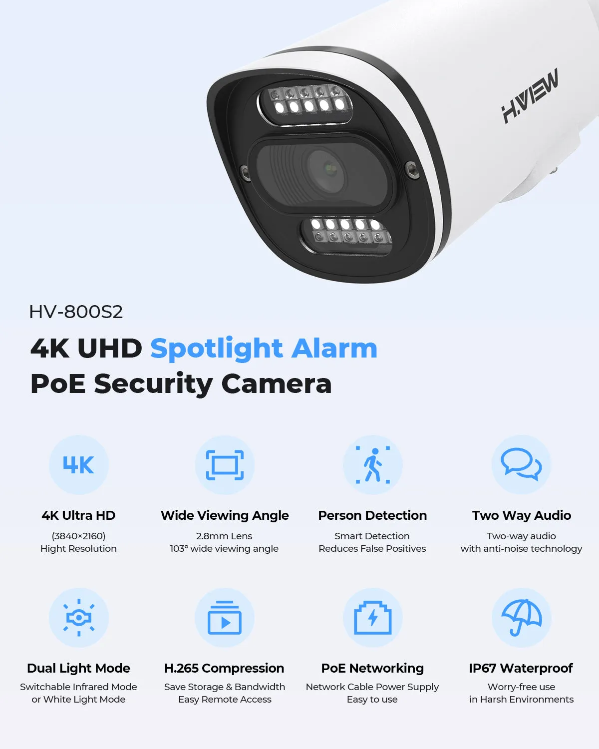 H.VIEW 16 Channels 4K 8MP PoE Security Camera System, Smart Dual Illumination, Audio Recording, Person Detection, HVK16-800S2 800S6-8MP