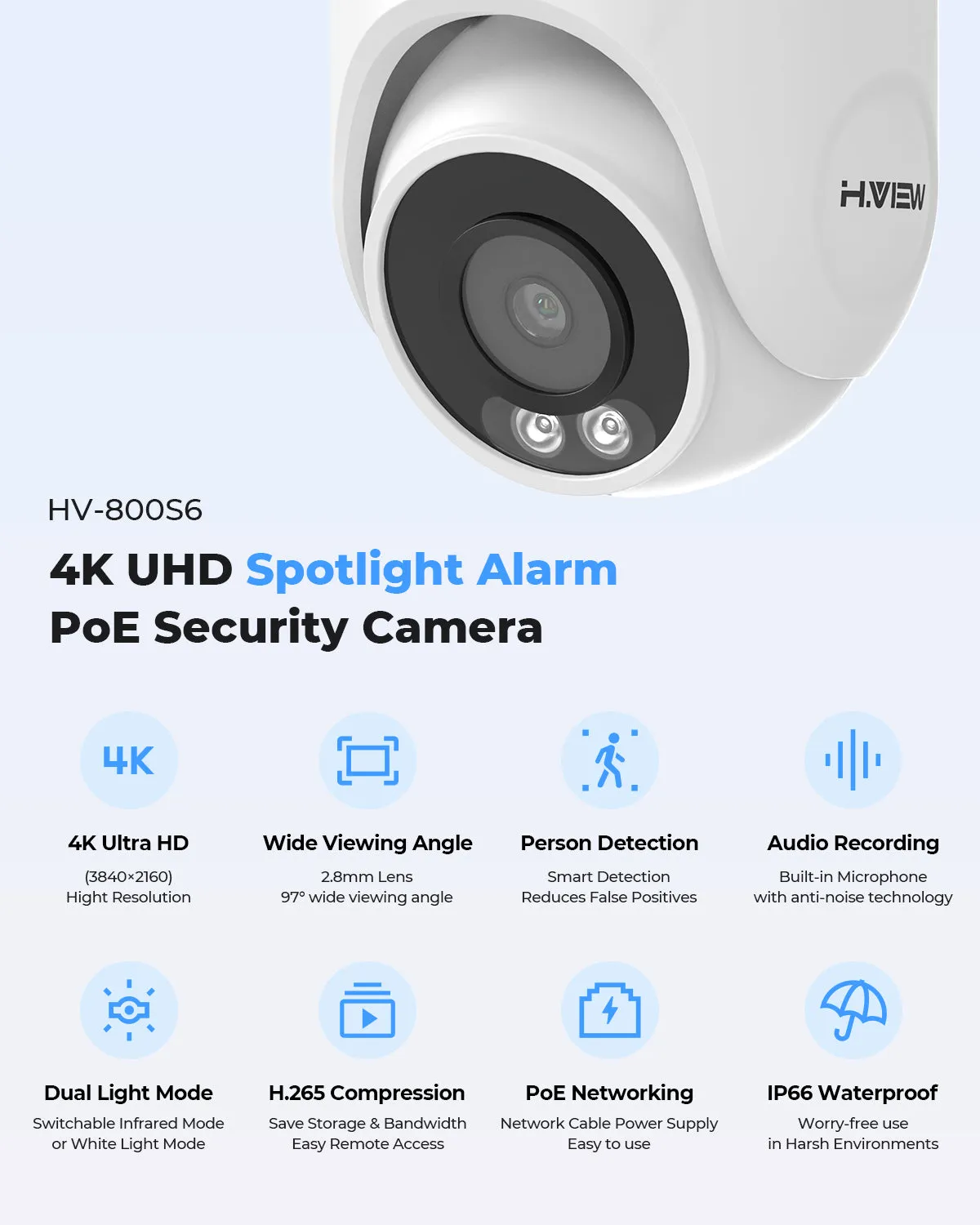 H.VIEW 16 Channels 4K 8MP PoE Security Camera System, Smart Dual Illumination, Audio Recording, Person Detection, HVK16-800S2 800S6-8MP