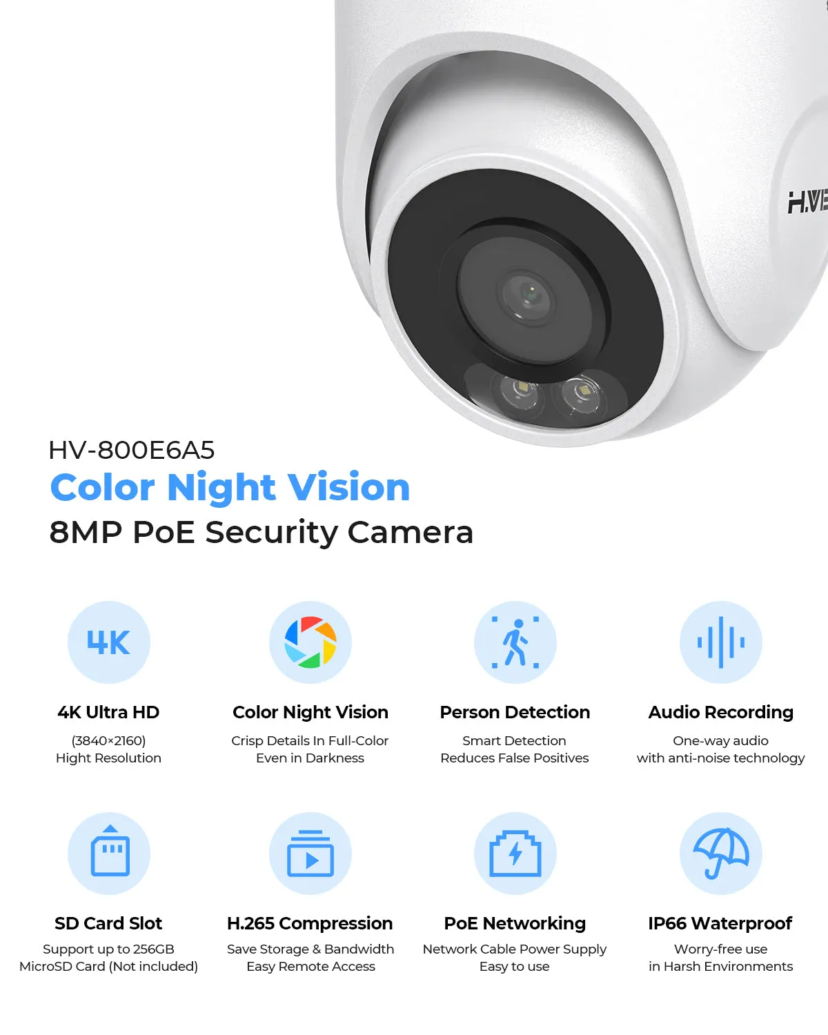 H.VIEW 8 Channels 4K 8MP PoE Security Camera System, Color Night Vision, Audio Recording, Person Detection, HVK8-800E6A5-8MP