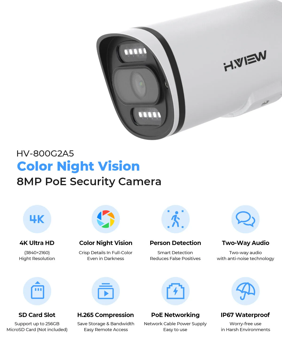 H.VIEW 8 Channels 4K 8MP PoE Security Camera System, Color Night Vision, Two-Way Audio, Person Detection, HVK8-800G2A5-8MP