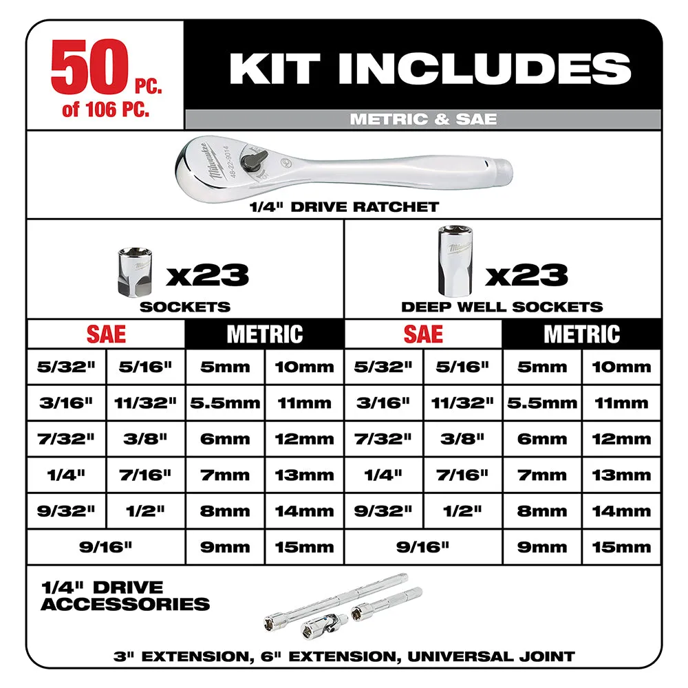 Milwaukee 48-22-9486 1/4 in. & 3/8 in. 106 Pc. Ratchet and Socket Set in PACKOUT™ - SAE & Metric