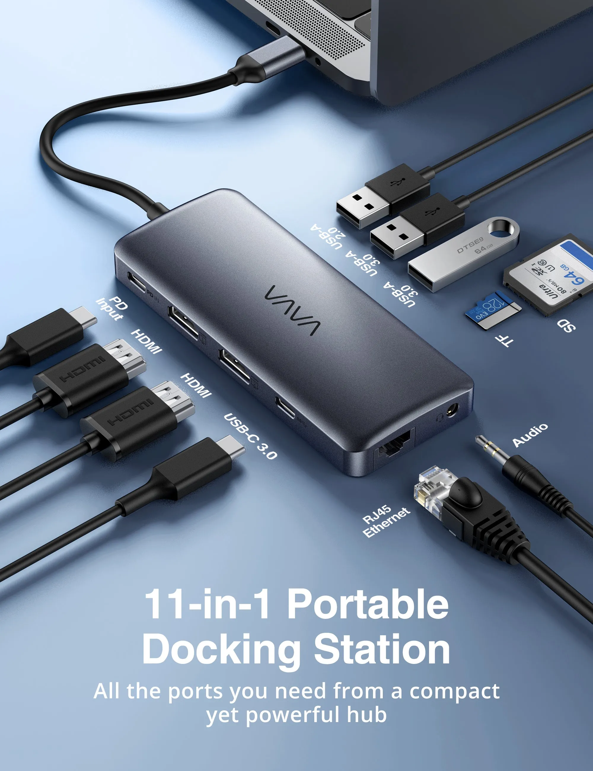 VAVA USB C Hub, 11-in-1 Docking Station with Dual 4K HDMI, 4 USB Ports, 100W PD Charging